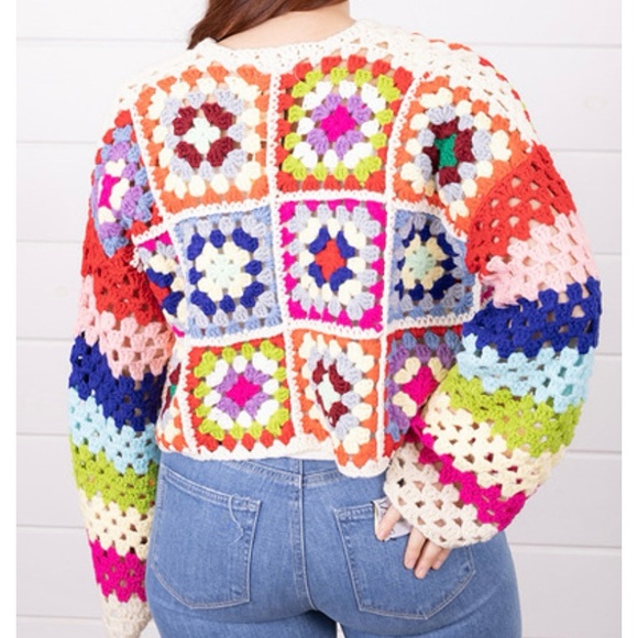 Elan Granny Square Multicolor Crochet Cardigan - Picture 2 of 10